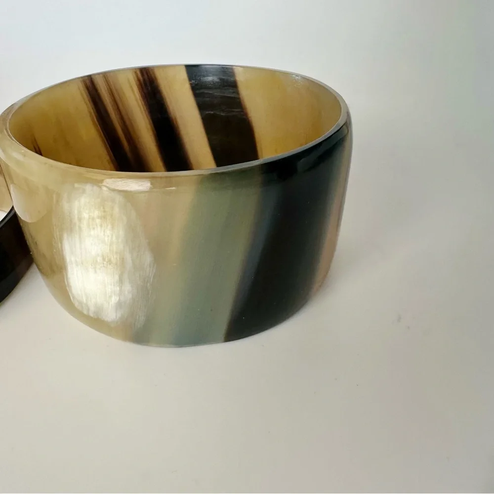 2 Vintage Natural Horn Bangle Handcrafted Bracelets, Brown Beige Black, Set